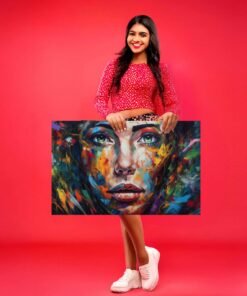 Pictik - Woman holding a 20x30-inch colorful artistic painting on a vibrant red background