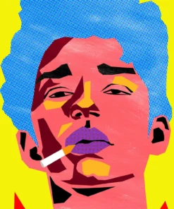 Illustrated pop art portrait of a person with bright blue hair, pink face, purple lips, and a cigarette, set against a yellow background. A Pictik exclusive artwork.