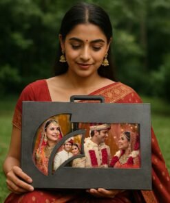 Indian woman in traditional saree holding a Double Decker Combo wedding photo album set with portraits of a joyful Indian bride and groom.