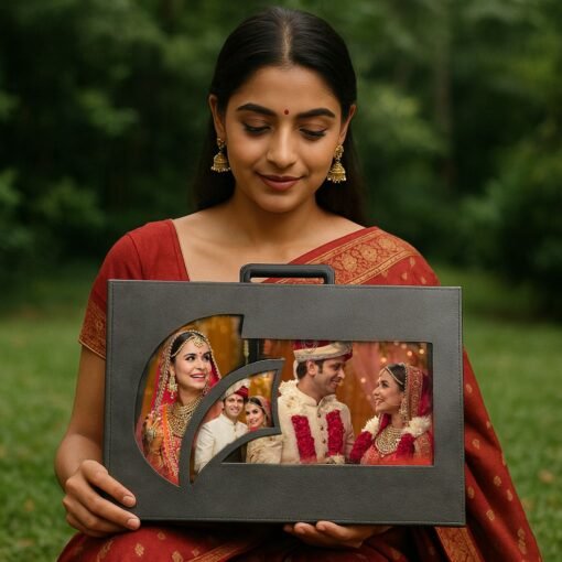 Indian woman in traditional saree holding a Double Decker Combo wedding photo album set with portraits of a joyful Indian bride and groom.