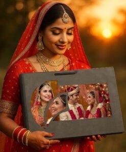 Indian bride in red saree holding a Double Decker Combo wedding album set at sunset, featuring two luxury photo albums with wedding couple portraits.