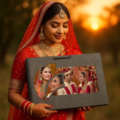 Premium Double Decker Wedding Photo Album Combo Box – Bride holding customized album set