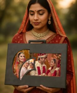 Indian bride in traditional red saree holding a Double Decker Combo wedding album set with two handcrafted photo albums featuring wedding couple portraits.