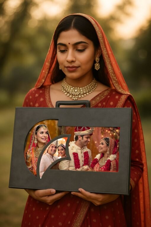 Indian bride in traditional red saree holding a Double Decker Combo wedding album set with two handcrafted photo albums featuring wedding couple portraits.