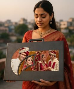 Indian woman in traditional attire holding a Double Decker Combo wedding photo album set featuring two beautifully crafted wedding albums with couple portraits.