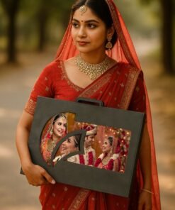 Traditional Indian bride in red saree holding a Double Decker Combo wedding album set featuring two handcrafted photo albums with wedding couple portraits.