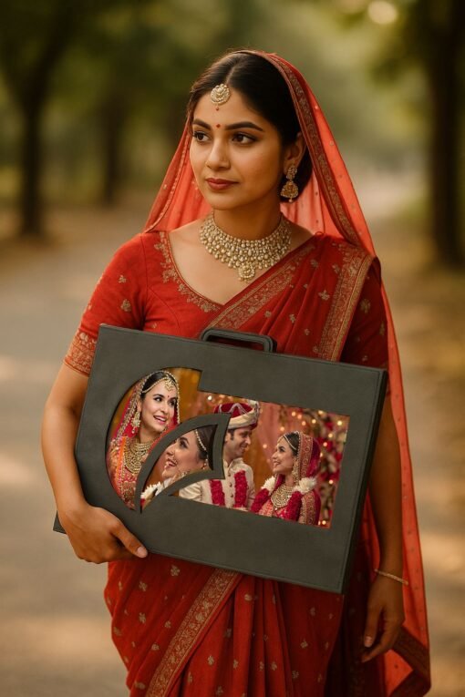 Traditional Indian bride in red saree holding a Double Decker Combo wedding album set featuring two handcrafted photo albums with wedding couple portraits.