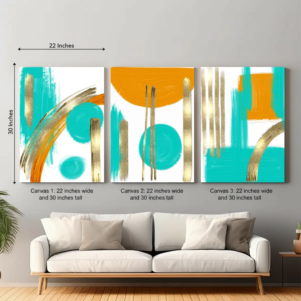 01-13-1.webp Abstract Gold & Turquoise Canvas Wall Art – 3 Piece Set (22x30 inches each) - Image 1