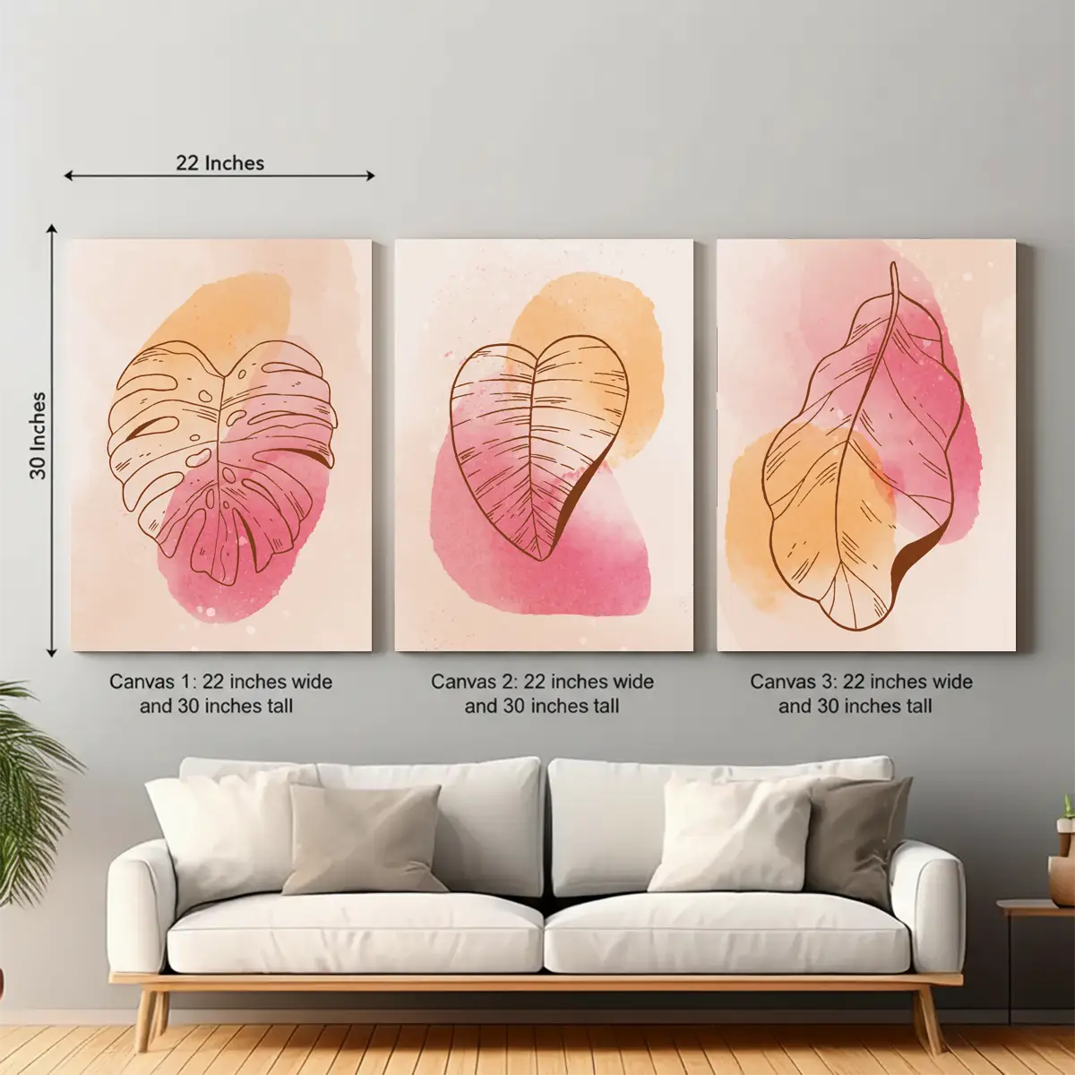 01-4-1.webp Leaf Abstract Wall Art – 3 Piece Canvas Set (22x30 inches each) | Modern Botanical Home Decor - Image 1